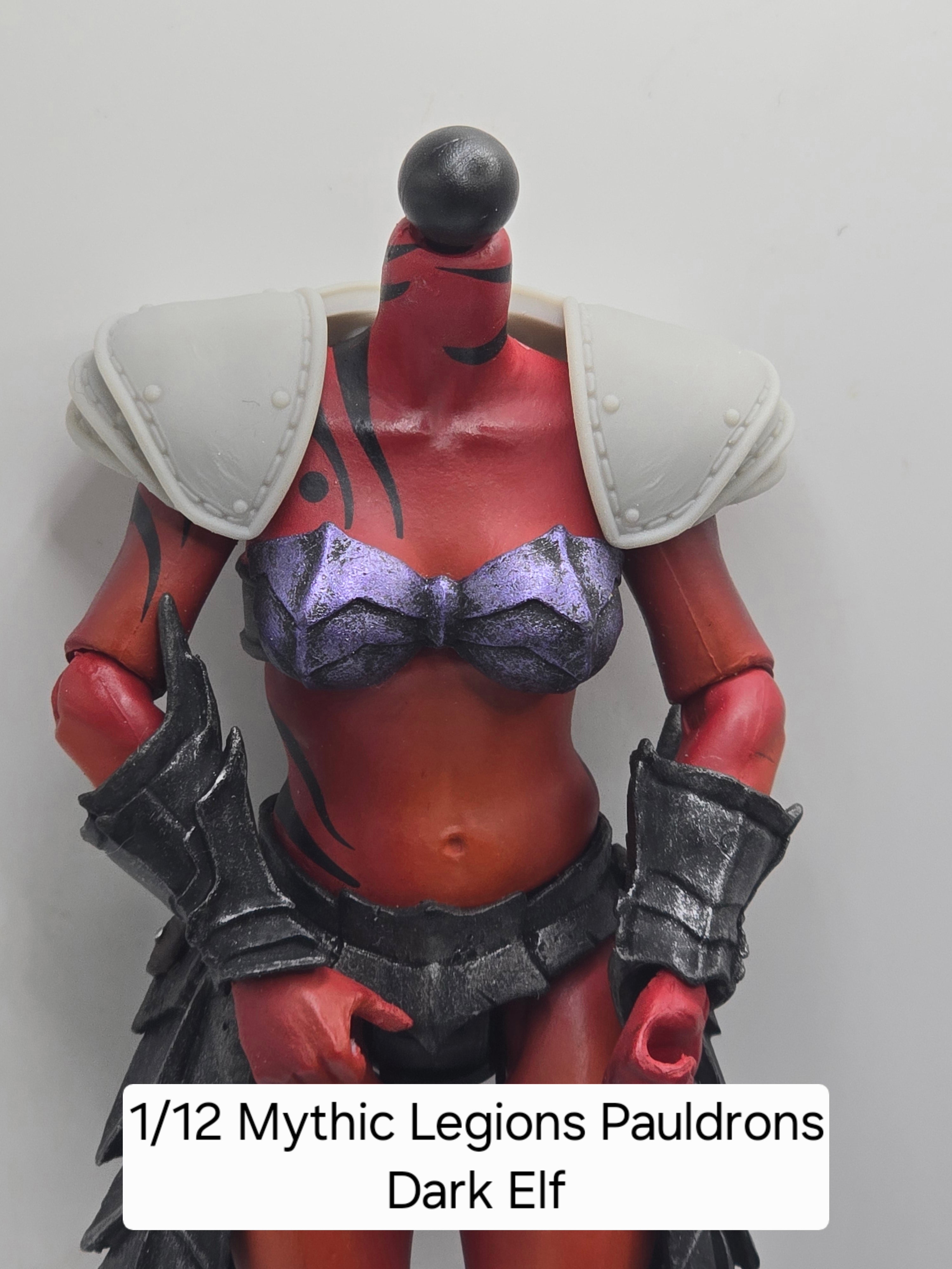 3d Printed Mythic Legions Scale Head 2.0 Dark Elf Pauldrons 1:12 6" Scale.
