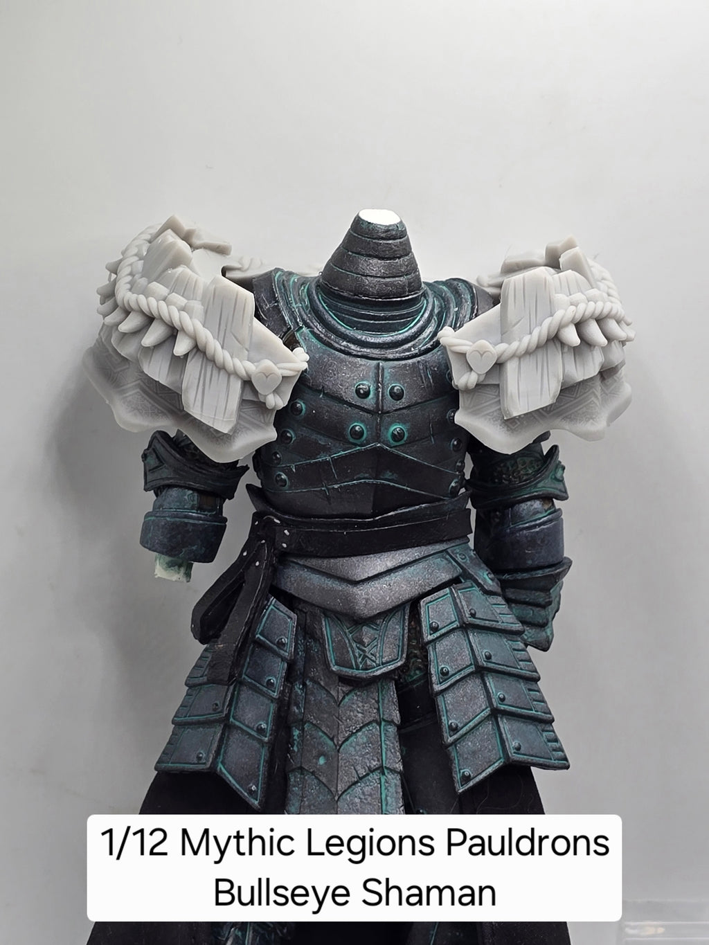 3d Printed Mythic Legions Scale Head 1.0 Bullseye Shaman Pauldrons 1:12 6" Scale.