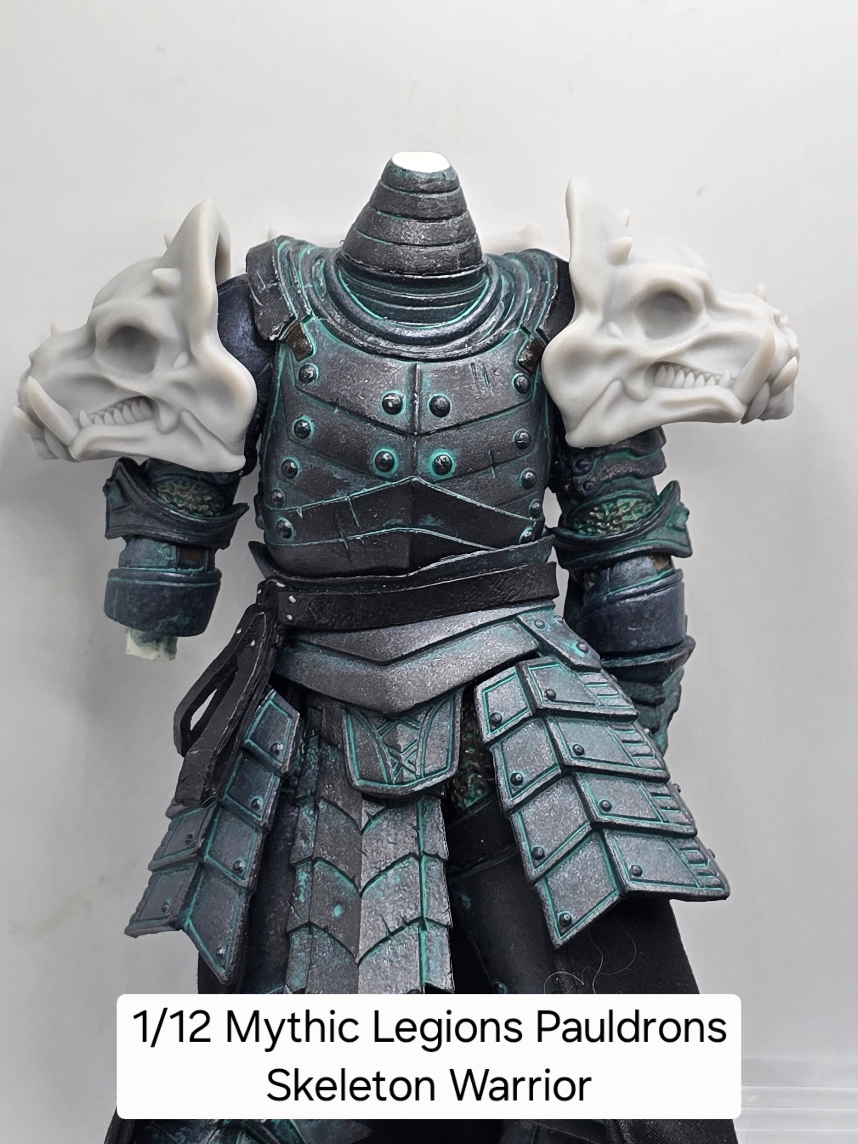 3d Printed Mythic Legions Scale Head 1.0 Skeleton Warrior Pauldrons 1:12 6" Scale.