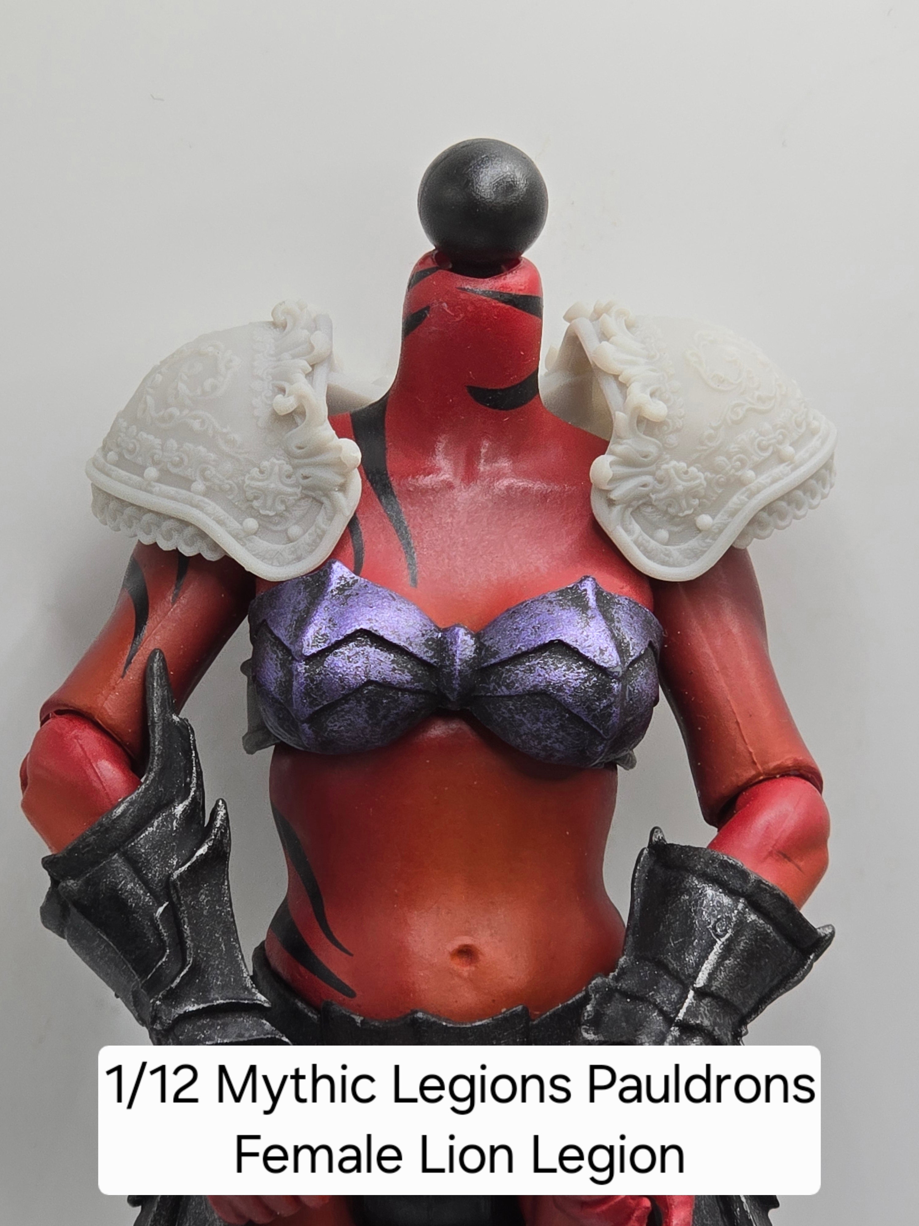 3d Printed Mythic Legions Scale Head 2.0 Female Lion Legion Pauldrons 1:12 6" Scale.