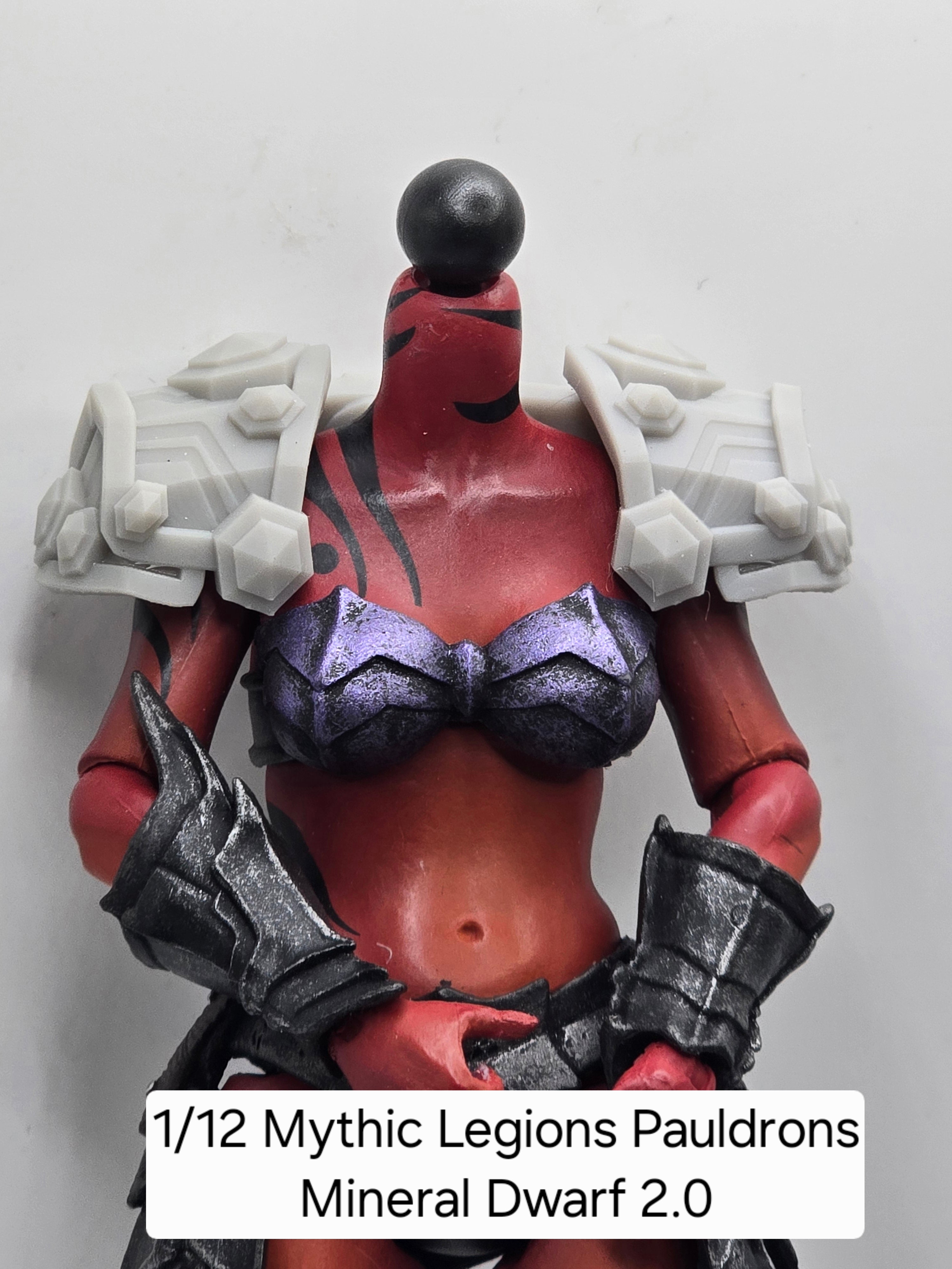 3d Printed Mythic Legions Scale Head 2.0 Mineral Dwarf Pauldrons 1:12 6" Scale.