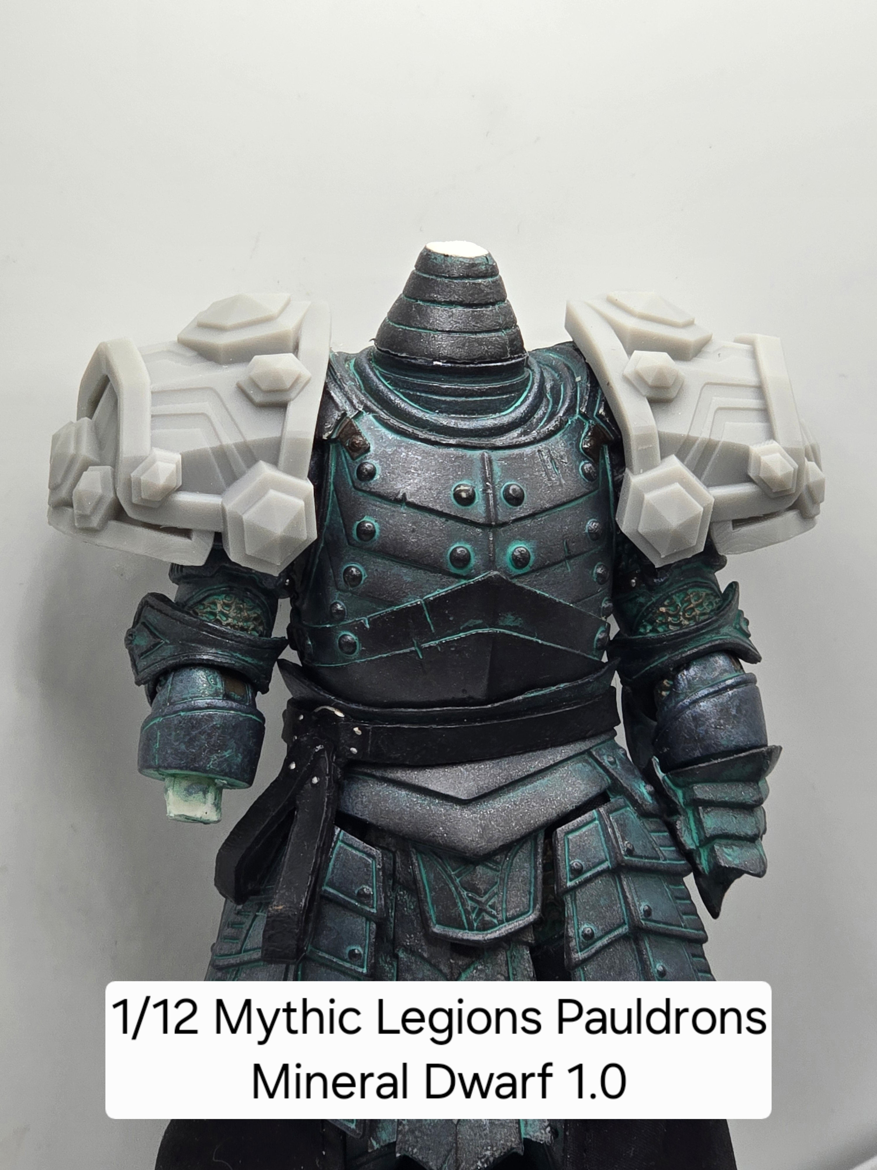 3d Printed Mythic Legions Scale Head 1.0 Mineral Dwarf Pauldrons 1:12 6" Scale.